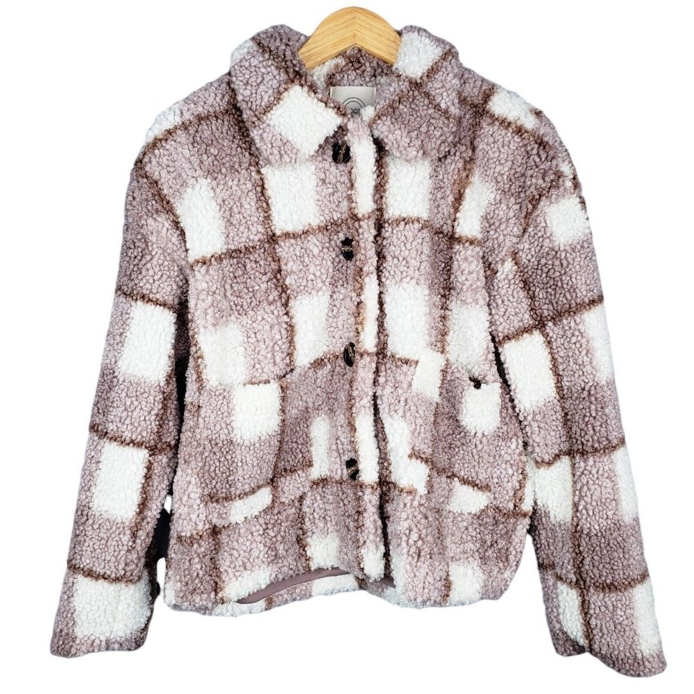 Stoosh Plaid Sherpa Jacket Plush Teddy Coat Cream Brown Mauve Plaid Button Up M